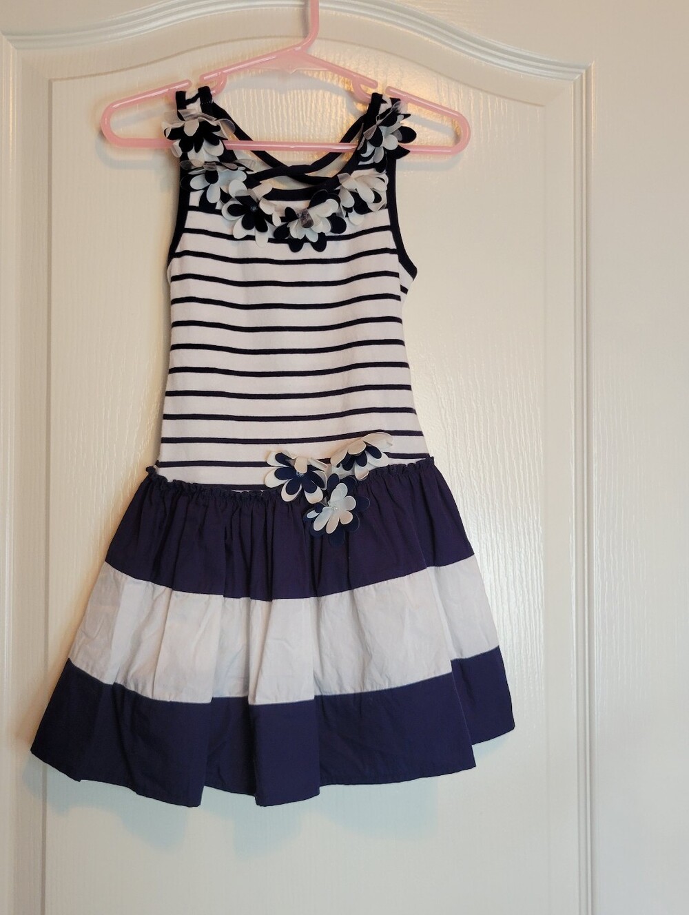 Kate Mack Blue & White Striped Sleeveless Sundress W Floral Accents Girls 4